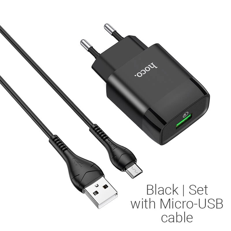 ЗУ Сетевое HOCO C72Q Glorious 1USB 3.0A QC3.0 быстрая зарядка + кабель MicroUSB блистер Black от компании Медиамир - фото 1