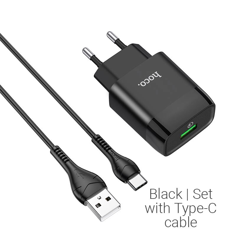 ЗУ Сетевое HOCO C72Q Glorious 1USB 3.0A QC3.0 быстрая зарядка + кабель TypeC блистер Black пс от компании Медиамир - фото 1