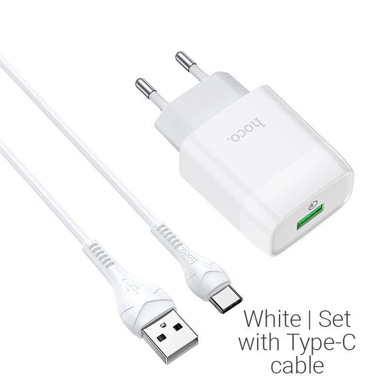 ЗУ Сетевое HOCO C72Q Glorious 1USB 3.0A QC3.0 быстрая зарядка + кабель TypeC блистер White от компании Медиамир - фото 1