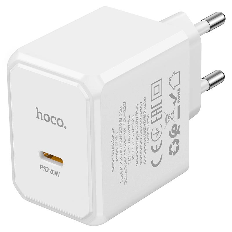 ЗУ Сетевое HOCO CS13A 1TypeC 3.0A PD 20W быстрая зарядка White от компании Медиамир - фото 1