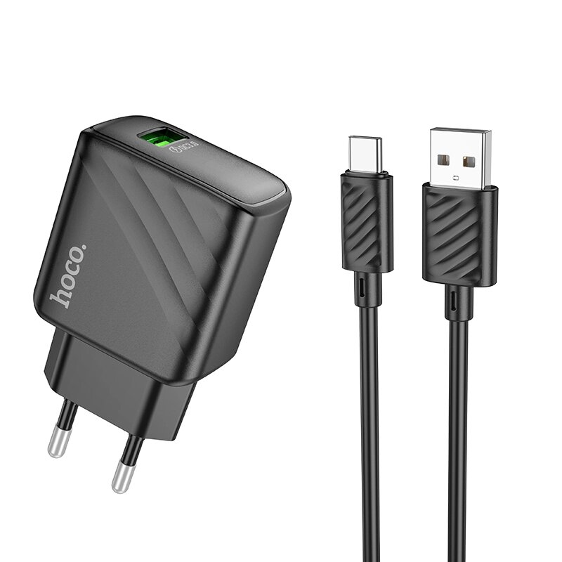 ЗУ Сетевое HOCO CS21A 1USB 3.0A QC3.0 18W быстрая зарядка + кабель TypeC коробка Black от компании Медиамир - фото 1