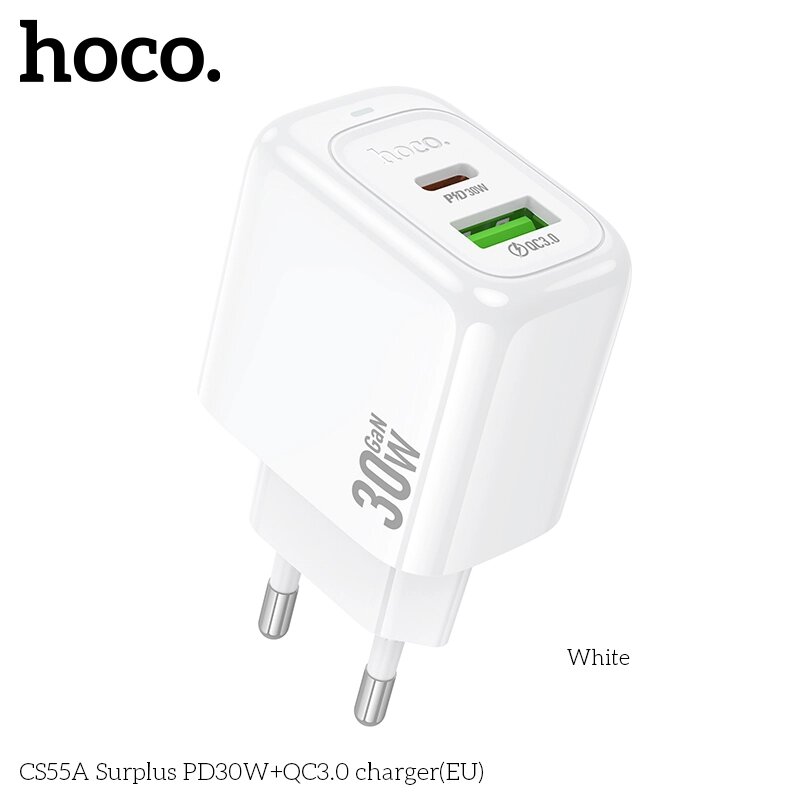 ЗУ Сетевое HOCO CS55A 1USB+1TypeC 3.0A QC3.0+PD 30W быстр зарядка  White от компании Медиамир - фото 1