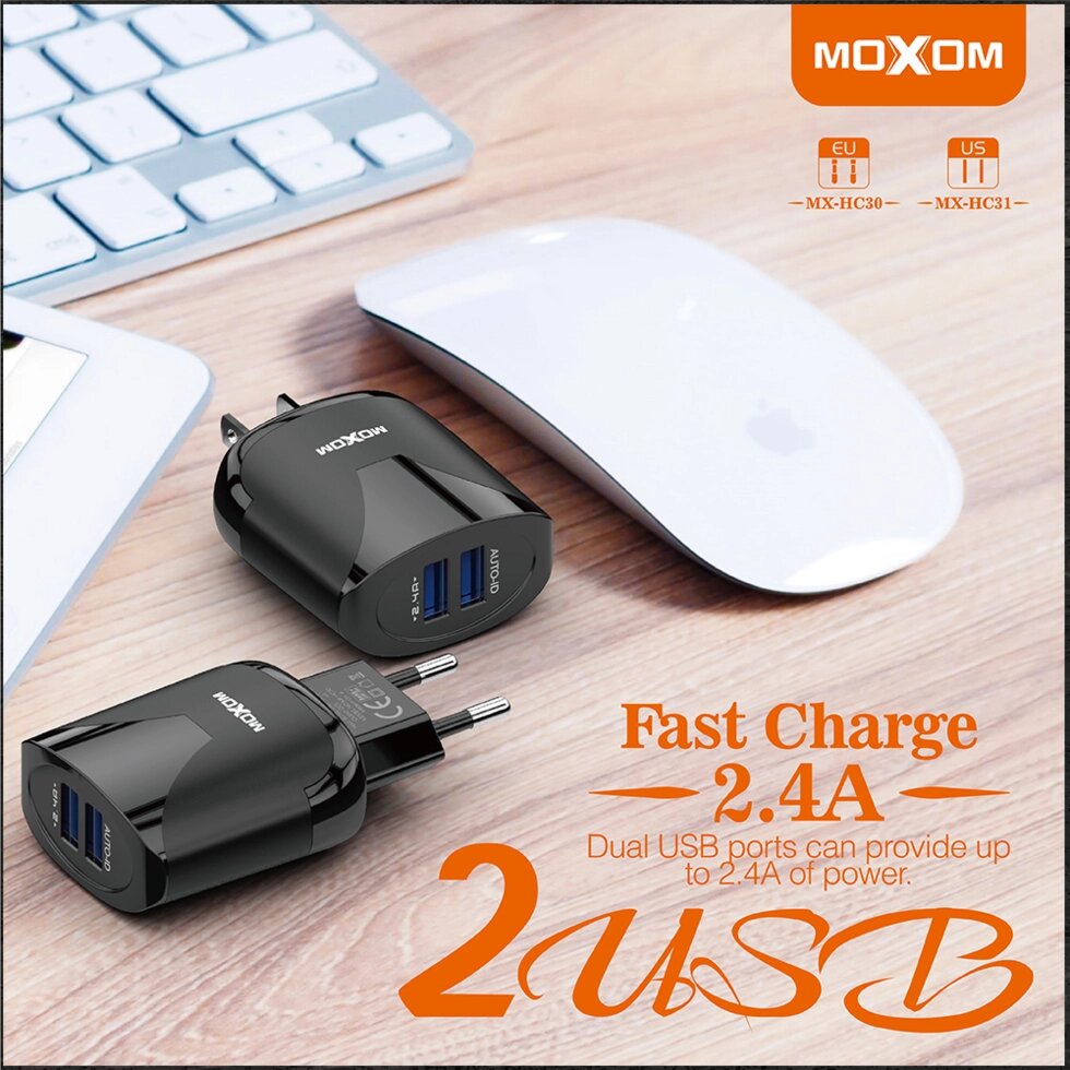 ЗУ Сетевое Moxom HC-30 Fast charger, auto-id, 2хUSB 2,4A + кабель Lightning  1м, блистер, черный от компании Медиамир - фото 1