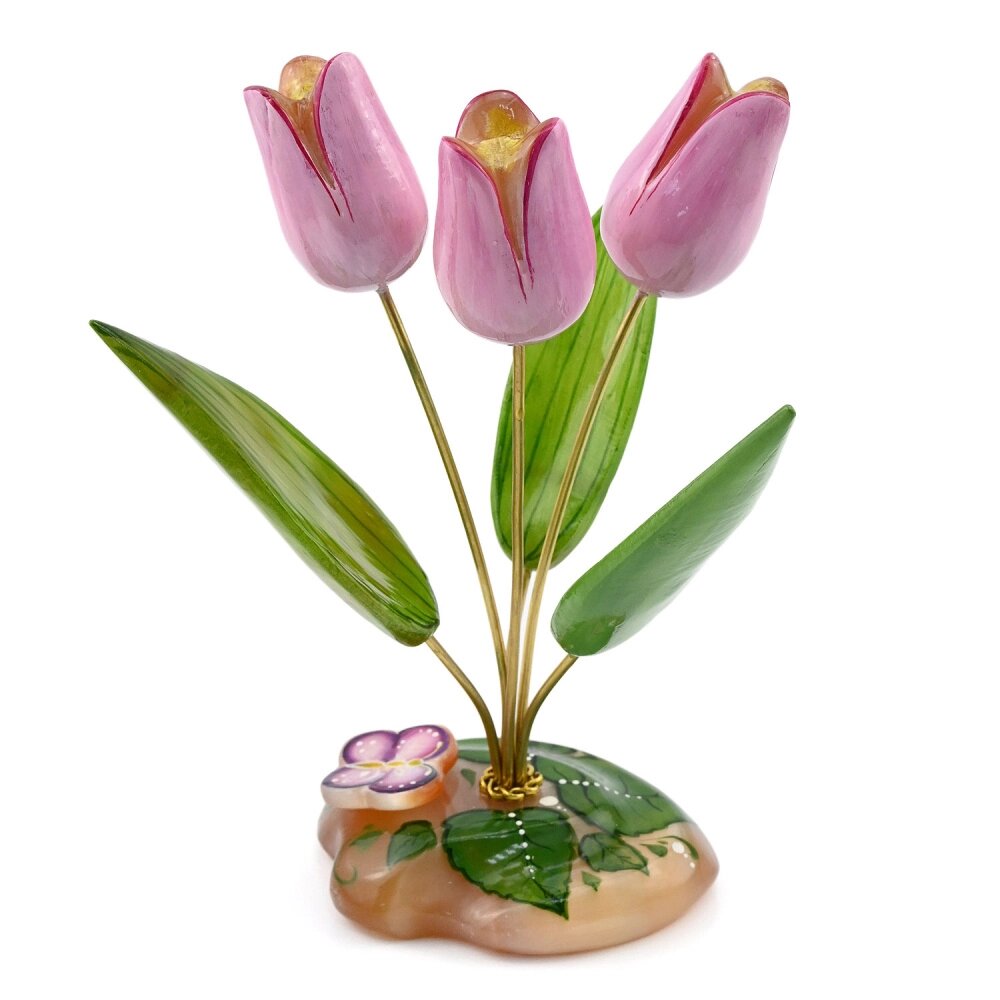 Цветы из селенита "Тюльпаны" (3 цветка) с бабочкой 93*75*200 мм от компании Магазин сувениров и подарков "Особый Случай" в Челябинске - фото 1