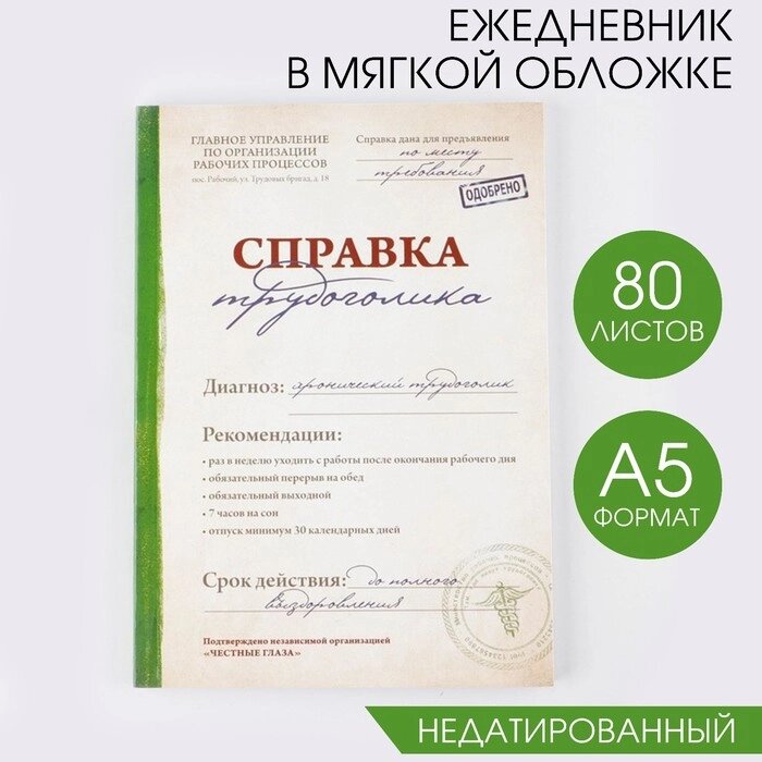 Ежедневник "Справка трудоголика", А5, 80 листов от компании Магазин сувениров и подарков "Особый Случай" в Челябинске - фото 1