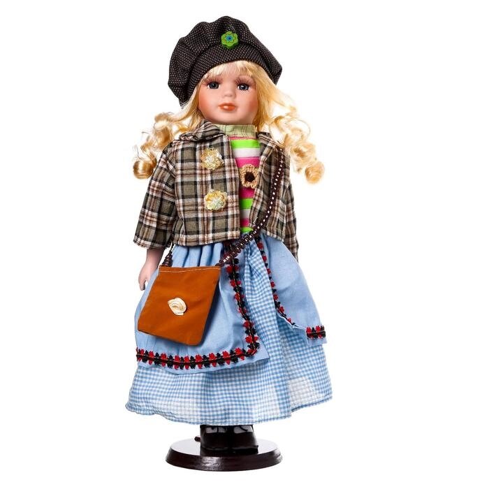 Кукла коллекционная керамика "Блондинка с кудрями, голубая юбка, пиджак в клетку" 40 см от компании Магазин сувениров и подарков "Особый Случай" в Челябинске - фото 1