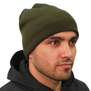 Мужская шапочка с подворотом трикотажная цвета хаки-олива