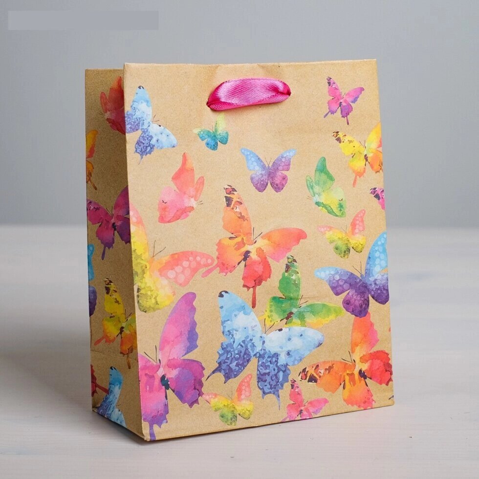 Пакет крафтовый вертикальный «Бабочки», 12  15  5,5 см от компании Магазин сувениров и подарков "Особый Случай" в Челябинске - фото 1