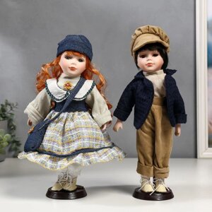 Кукла коллекционная парочка набор 2 шт "Злата и Сева в синих нарядах в полосочку" 30 см.