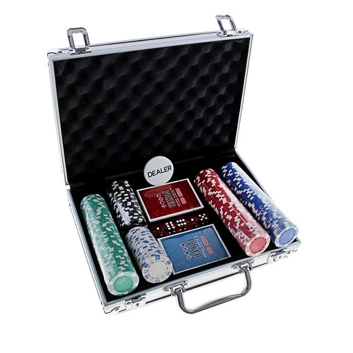 Набор для покера Poker playing cards: 2 колоды 54 шт., 200 фишек 11 г, 5 кубиков, в металлическом кейсе - характеристики