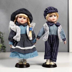 Кукла коллекционная парочка набор 2 шт "Алиса и Артём в синих нарядах" 30 см.