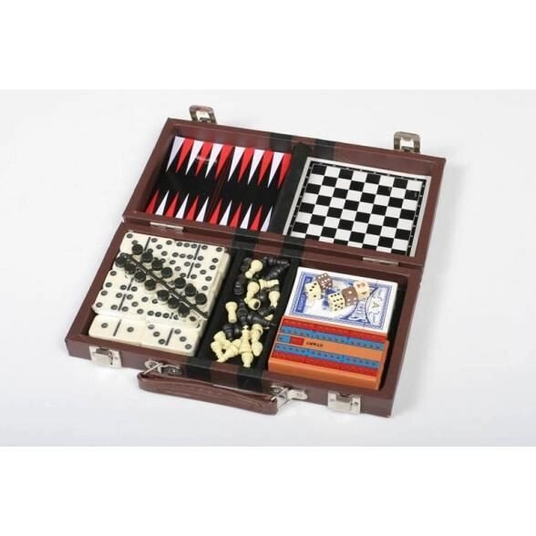 Набор из 6 игр (шахматы, шашки, нарды, кости, криббедж, домино) в деревянном коробе - опт