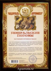 Почётная рамка сертификат на генеральские погоны в Челябинской области от компании Магазин сувениров и подарков "Особый Случай" в Челябинске