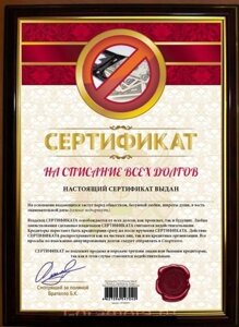 Почётная рамка "Сертификат на списание всех долгов" в Челябинской области от компании Магазин сувениров и подарков "Особый Случай" в Челябинске