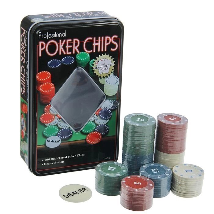 Набор для покера Professional Poker Chips: 100 фишек с номиналом, фишка дилера, металлическая коробка - скидка