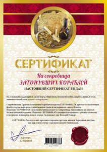 Сертификат "На сокровища затонувших кораблей" в Челябинской области от компании Магазин сувениров и подарков "Особый Случай" в Челябинске