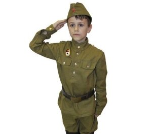 Форма детская военная ВОВ, образца 1943 г. (в комплекте: гимнастерка, галифе, ремень с зеленой бляхой, пилотка)