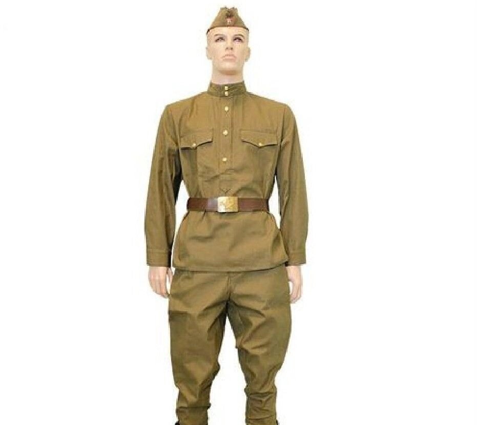 Форма военная ВОВ, образца 1943 года, мужская (в комплекте: гимнастерка, галифе, ремень с зеленой бляхой, пилотка) - сравнение