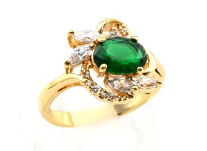 Кольцо позолота циркон зелёный со стразами, размер 17