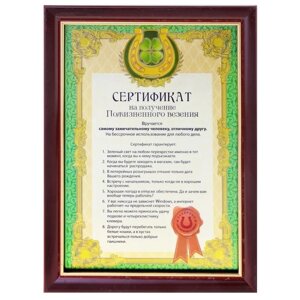 Сертификат "На получение пожизненного везения", в рамке в Челябинской области от компании Магазин сувениров и подарков "Особый Случай" в Челябинске
