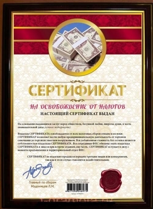 Почётная рамка "Сертификат на освобождение от налогов" от компании Магазин сувениров и подарков "Особый Случай" в Челябинске - фото 1
