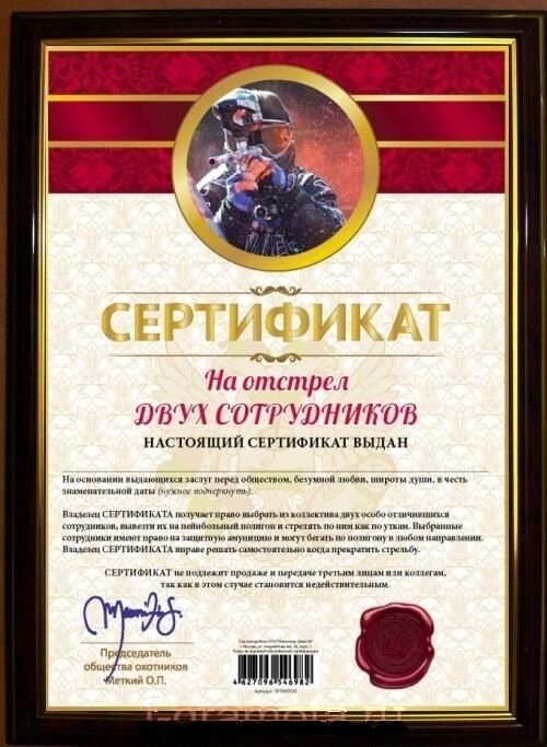 Почётная рамка "Сертификат на отстрел двух сотрудников" от компании Магазин сувениров и подарков "Особый Случай" в Челябинске - фото 1
