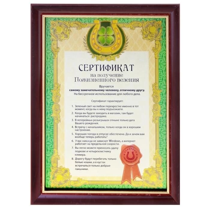 Сертификат "На получение пожизненного везения", в рамке от компании Магазин сувениров и подарков "Особый Случай" в Челябинске - фото 1