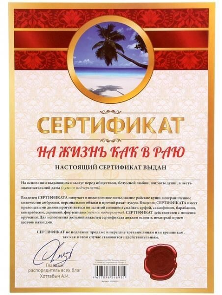 Сертификат "На жизнь, как в раю" от компании Магазин сувениров и подарков "Особый Случай" в Челябинске - фото 1