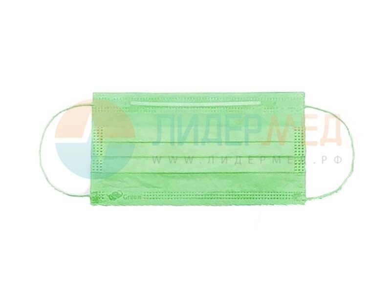 Маски медицинские 3-слойные с носовым фиксатором в п/э (зеленый) - от компании ЛИДЕРМЕД - фото 1