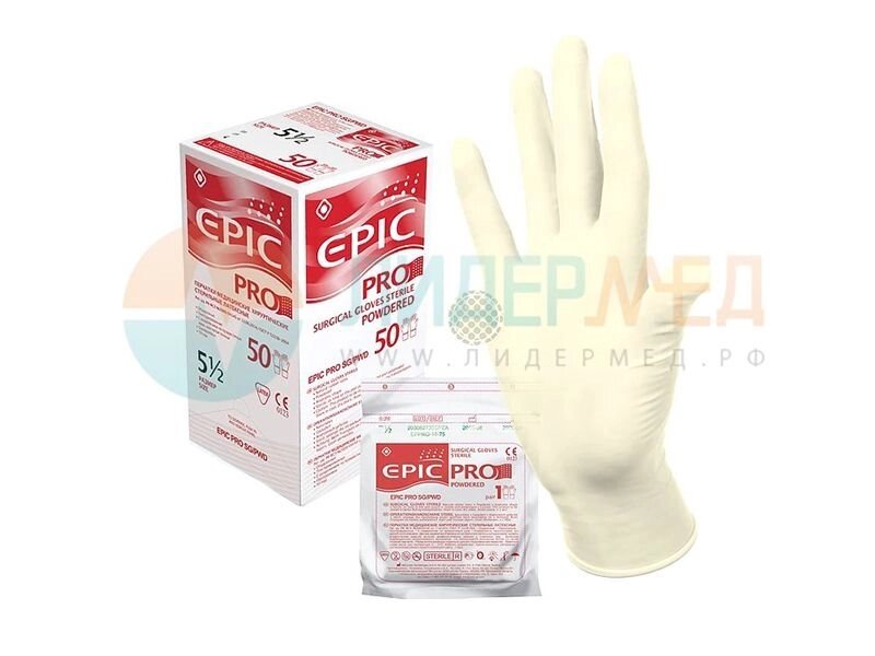 Перчатки латексные стерильные хирургические EPIC PRO SG pwd опудренные - 6,0 от компании ЛИДЕРМЕД - фото 1