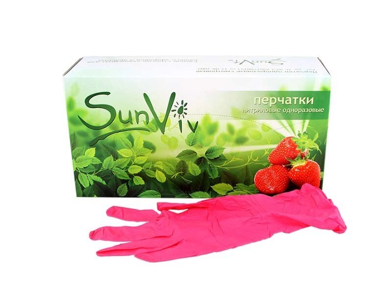 Перчатки нитриловые плотные SunViv, розовые, текстурированные - L от компании ЛИДЕРМЕД - фото 1