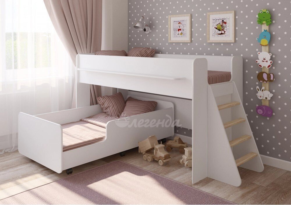 Детская выкатная двухъярусная кровать Легенда 23.3 белая от компании Ассорти Мебель для ВСЕХ - фото 1
