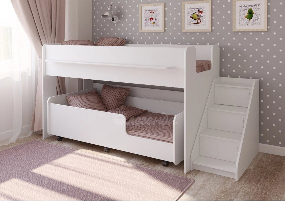 Детская выкатная двухъярусная кровать Легенда 23.4 белая от компании Ассорти Мебель для ВСЕХ - фото 1