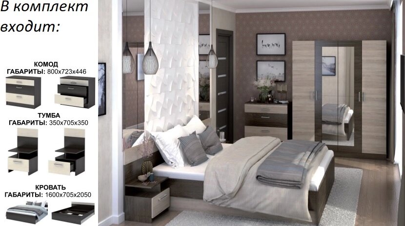 Спальный гарнитур Уют - кровать, комод, тумбы (М) (венге/белфорд) от компании Ассорти Мебель для ВСЕХ - фото 1