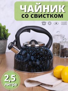 Чайник для плиты со свистком 2,5 л из нержавеющей стали Mallony Tea LACRIMA черный с синими каплями