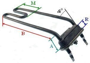 ТЭН для стиральной машины изогнутый 1900 Вт, a=45 град., с отверстием под термодатчик (Италия) - гарантия
