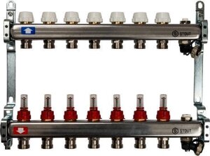 Коллекторный блок с расходомерами с краном Маевского и слив краном из нерж стали1"х3/4х11 STOUT/СТАУТSMS 0927