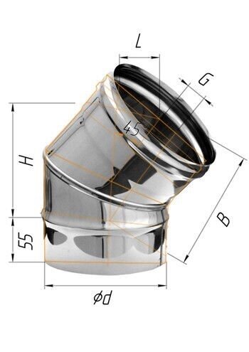 Колено 45 градусов для дымохода из нержавейки  D=  125мм - характеристики