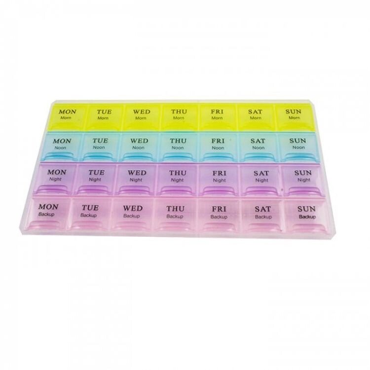 Контейнер для мелочей Дни недели пластмассовый 4 ряда,  28 ячейка (розовый/фиолетовый/голубой/желтый) от компании Магазин ШвейМаг - фото 1