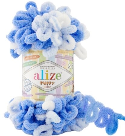 Пряжа для вязания Ализе Puffy color (100% микрополиэстер) 5х100г/9м  (голубой+белый) от компании Магазин ШвейМаг - фото 1