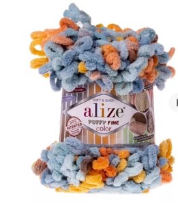 Пряжа для вязания Ализе Puffy color (100% микрополиэстер) 5х100г/9м (персик+голубой+желтый)