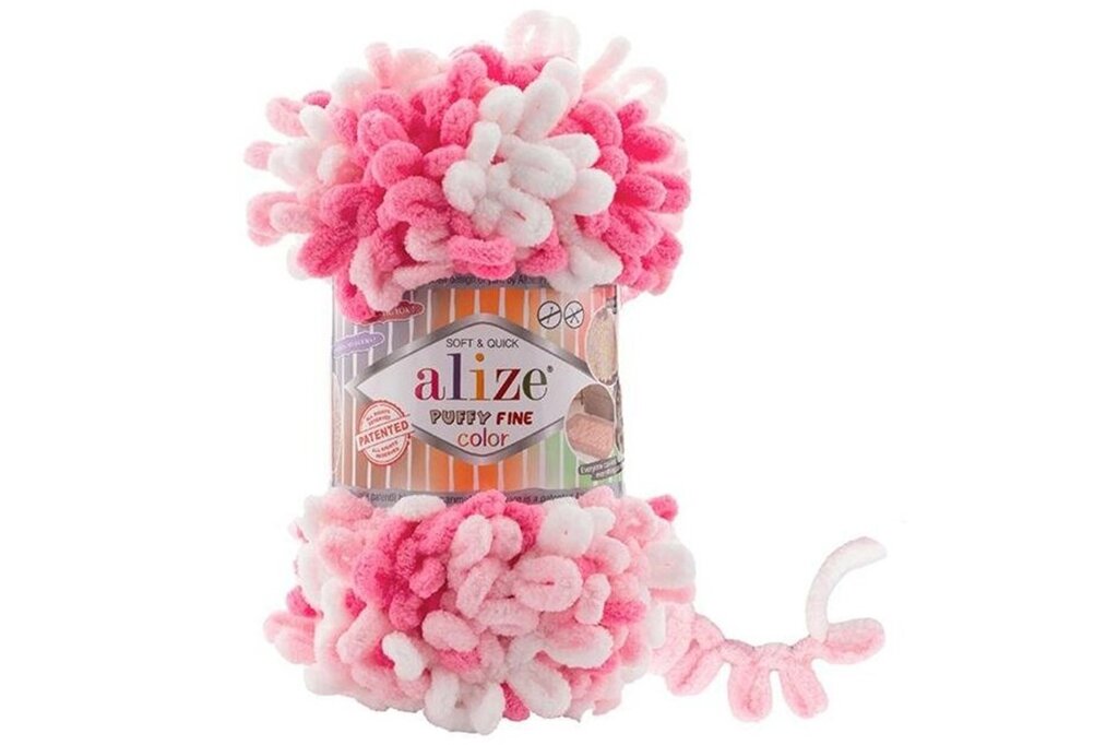 Пряжа для вязания Ализе Puffy color (100% микрополиэстер) 5х100г/9м  (розовый+неоновый+белый) от компании Магазин ШвейМаг - фото 1