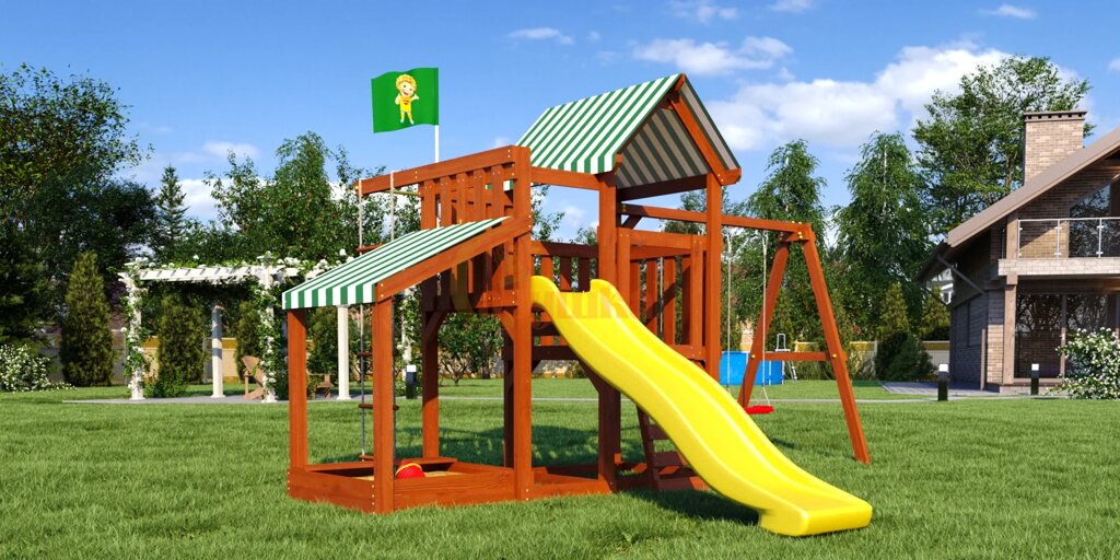 Деревянная детская площадка Савушка Тусун 3 Plus с песочницей, размеры 4,5 * 3,8м от компании ДетямЮга - фото 1