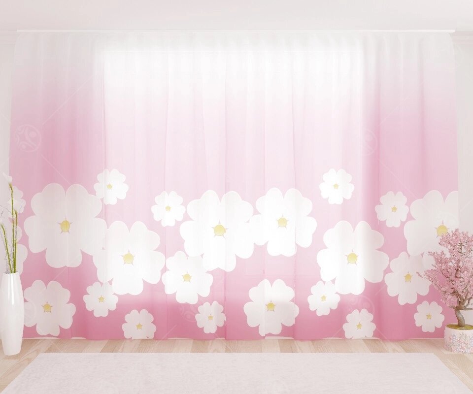 Фототюль "Белые цветы сакуры на розовом фоне 1", 2,8*1,6м от компании ДетямЮга - фото 1