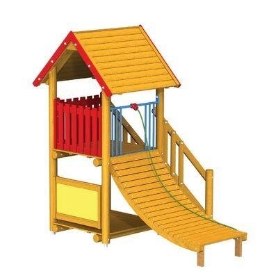 Игровой комплекс для детской площадки с домиком, подъемным трапом, канатом и лесенкой Башня-1, дерево от компании ДетямЮга - фото 1