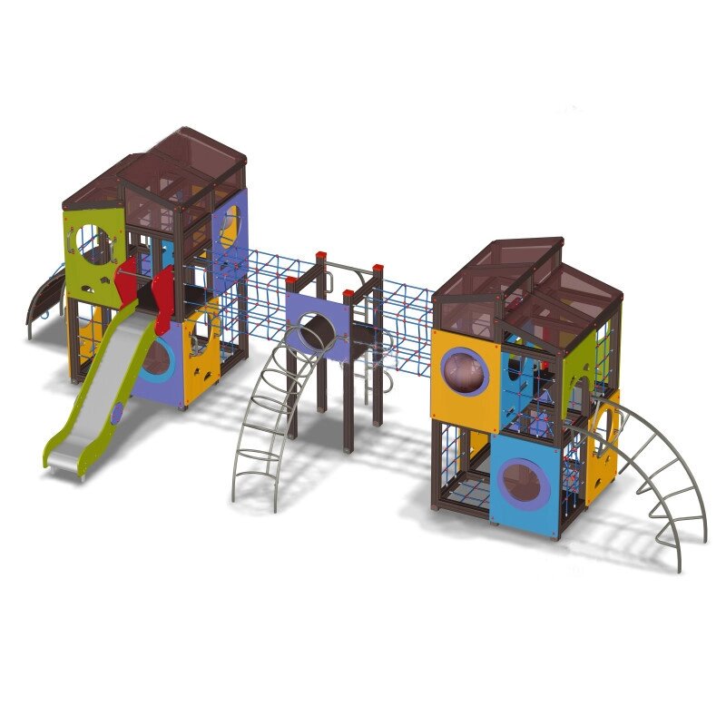 Комплекс-лабиринт 5 для детской игровой площадки, 2 башни, 2 этажа, горка, 4 лаза, канатные стенки, дерево, металл от компании ДетямЮга - фото 1