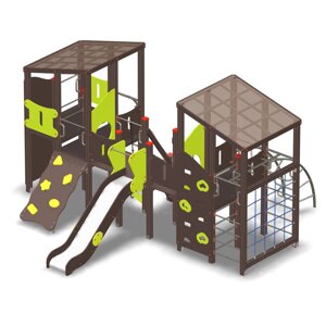 Комплекс-лабиринт для детской игровой площадки; 2 башни, горка, скалодром, лаз, канатная стенка, рукоход