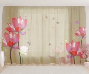 Фототюль "Красные цветы и бабочки", 2,8*1,6м