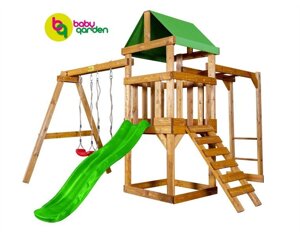 Деревянная детская площадка Babygarden 3, компактная 3.1 x 3.9м, высота домика 0,9 м, с рукоходом