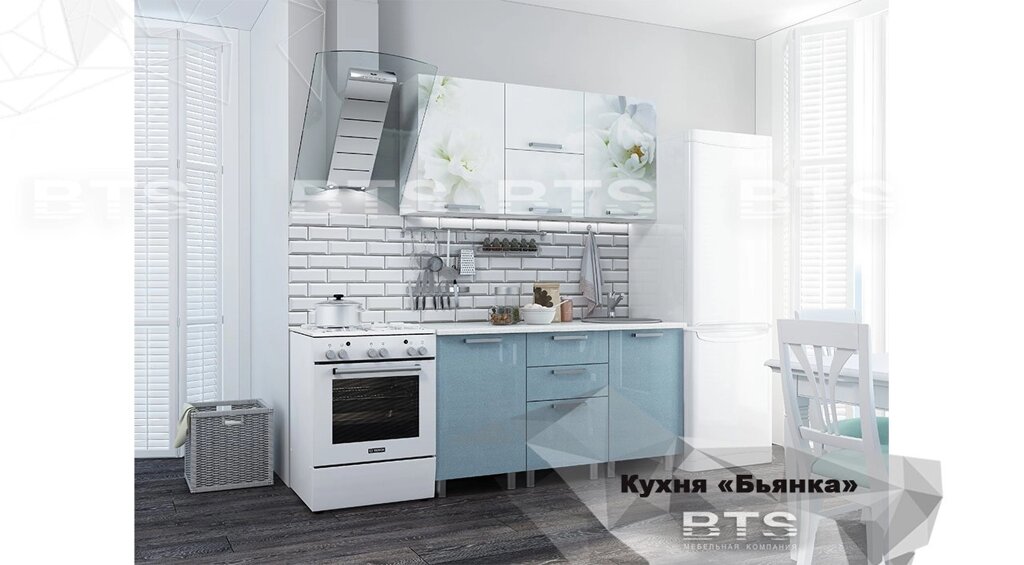 Кухня 1,5м Бьянка (голубые блестки/фотопечать) от компании Мебельный магазин ГОССА - фото 1